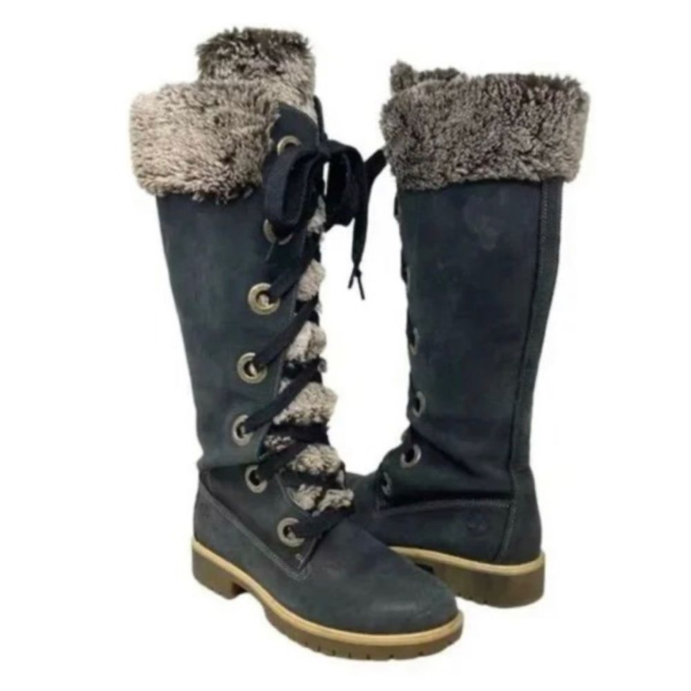 Timberland Mirney black grey fur leather suede lace up knee high boots tims 8.5